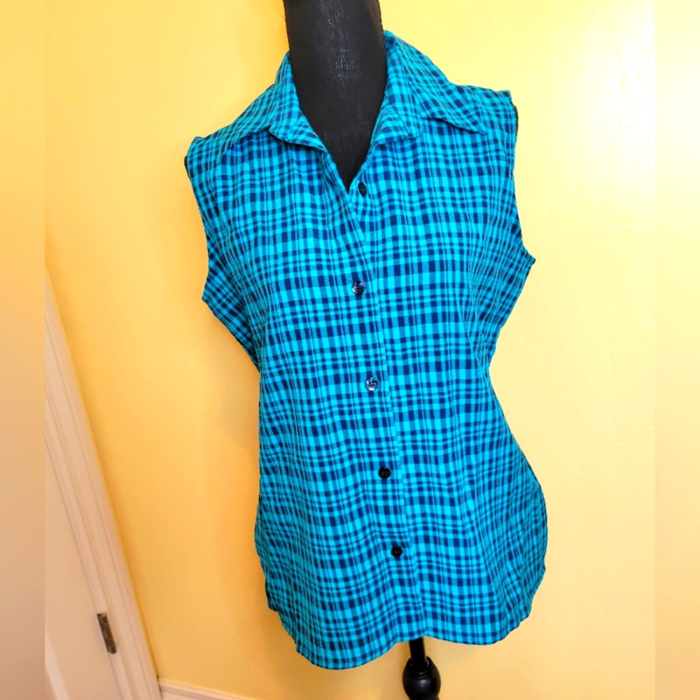 White Stag Sleeveless Plaid Blouse in  Blue Turquoise  Size M - Picture 2 of 8